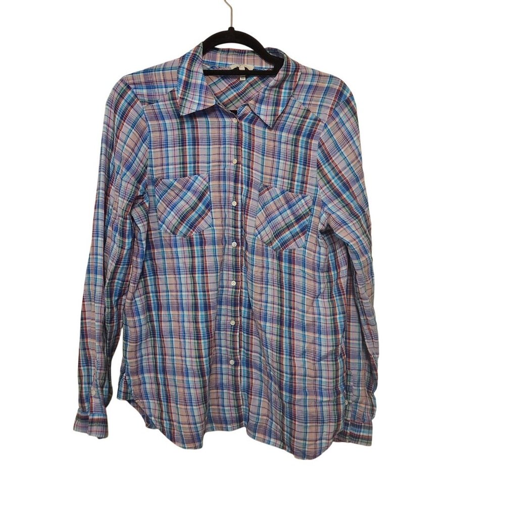 Joie Purple Green Blue Plaid Cotton Button Down Blouse Size M